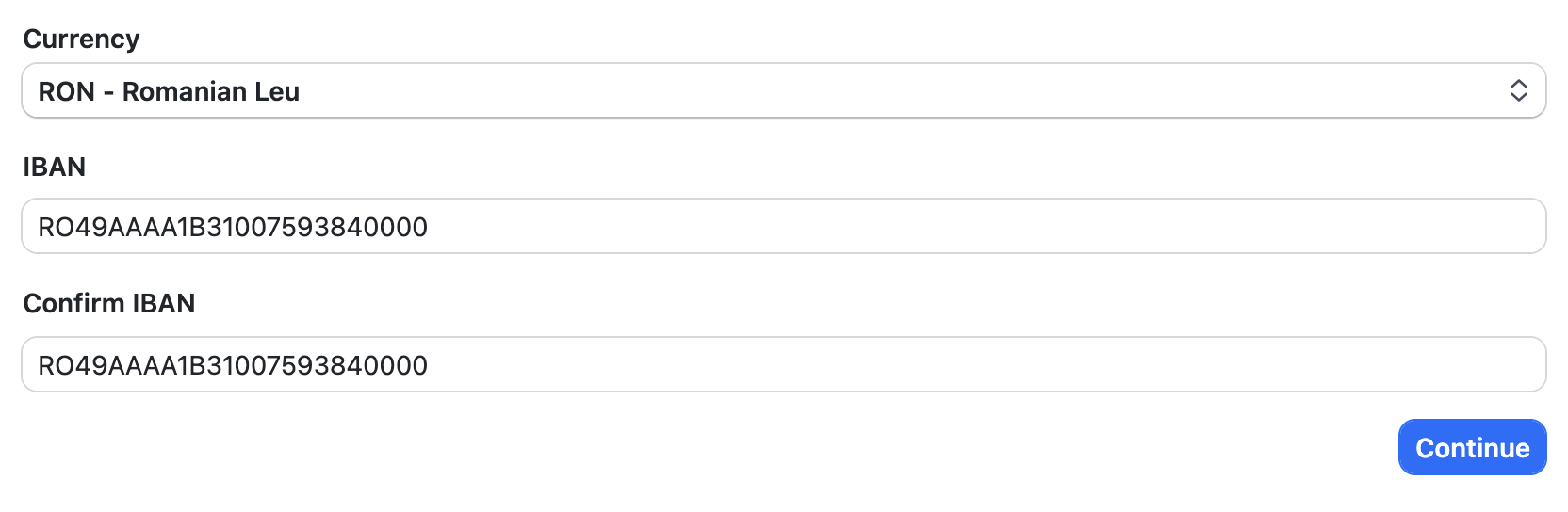 Bank Details Form Screenshot
